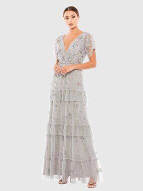 Mac Duggal Size 4 Gray 9068 Ruffle Tiered Embellished Flutter Sleeve Gown Dress